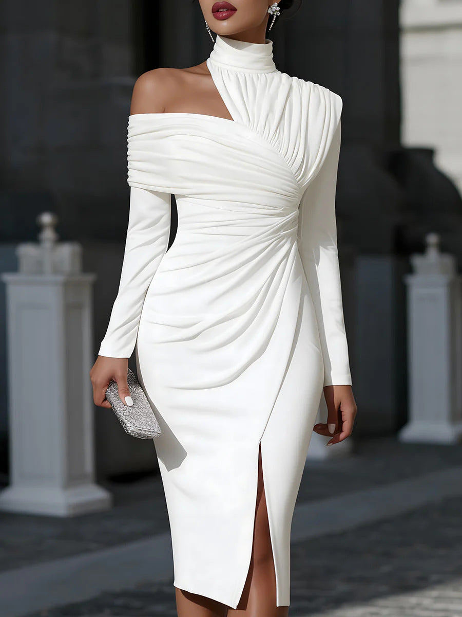Asymmetric Draped High-Neck Midi Dress
